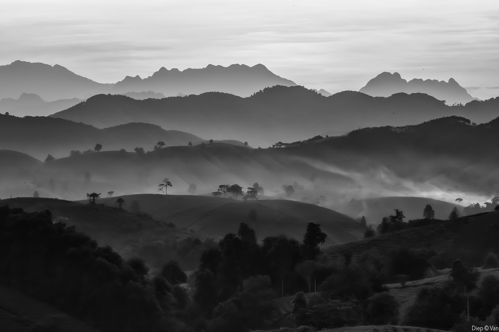 Poetisches Schwarzweißbild der nebelverhüllten Hügel von Long Coc in Vietnam – stille Momentaufnahme einer Fotoreise